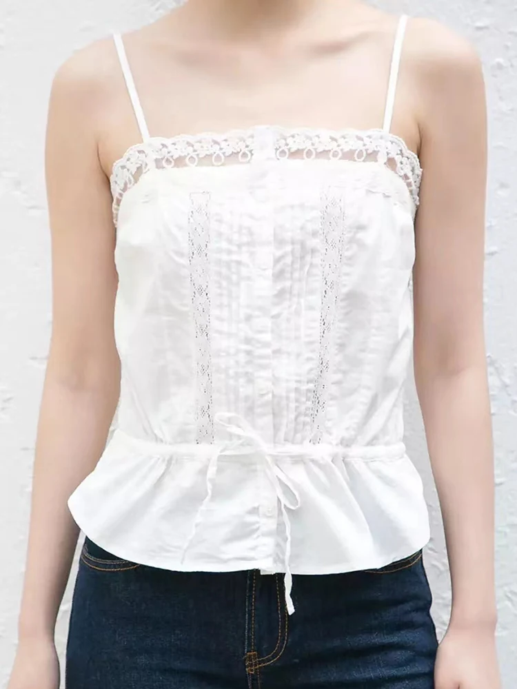 White Lace Slim Camis Top Women Vintage Solid Sexy Sleeveless Cotton Y2k Clothes Summer Fashion Casual Chic Button Tank Tops