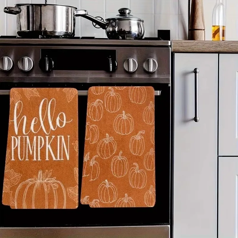 New2Pcs Hello Pumpkin Kitchen Towels Orange White Line Art Pumpkin Dish Towel Fall Autumn Farmhouse Thanksgiving Home Decor Gift