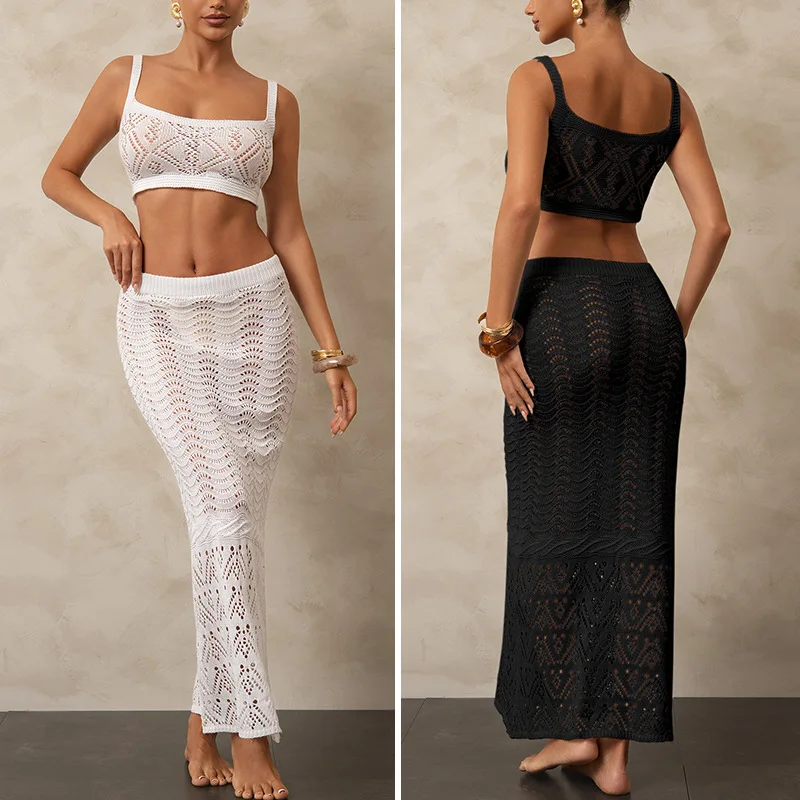 المرأة مثير بيكيني عطلة فستان مجوف موضة واقية من الشمس قطعتين مجموعة بلوزة الشاطئ فستان ماكسي لقضاء عطلة الصيف #5