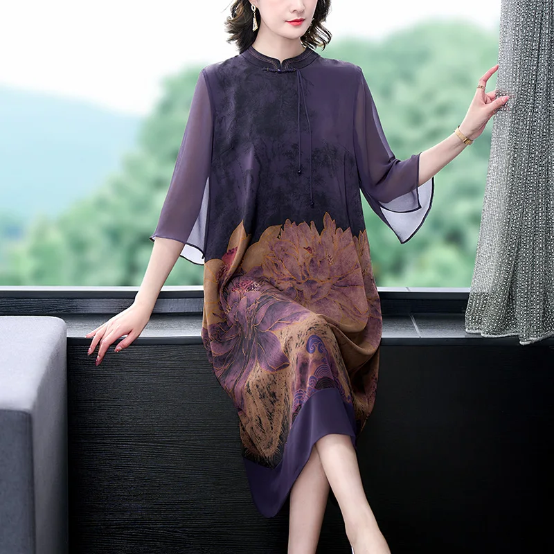 2023 Summer New Silk Short Sleeve Dress Retro Pankou Flower Print Large Women\'s Dress Satin Mesh Splice Slim Robe