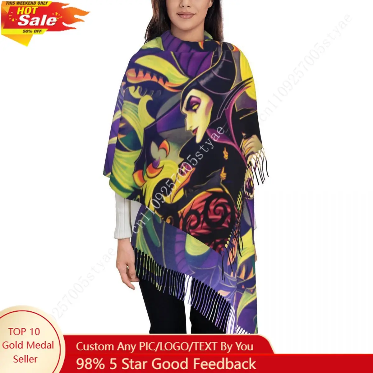 

Custom Maleficent Evil Queen Villains Scarf Wrap Women Long Winter Warm Tassel Shawl Unisex Scarves