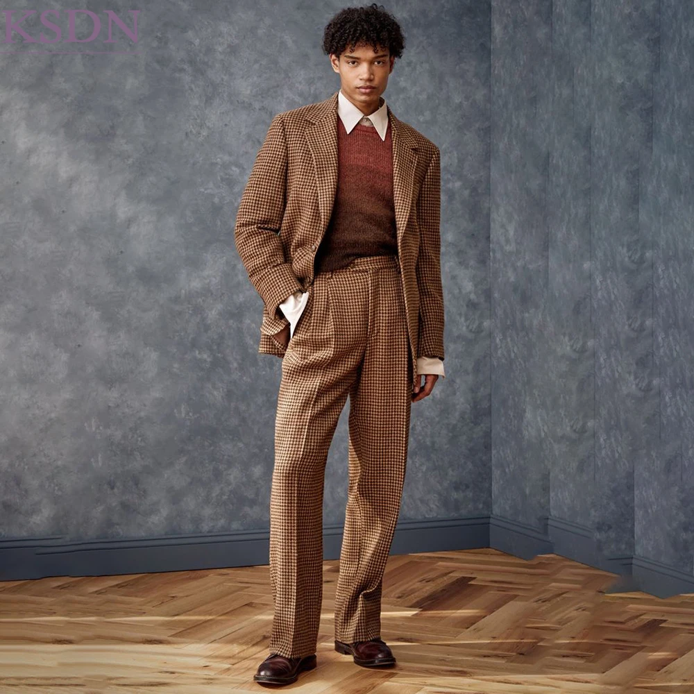 Classic Plaid Pattern Men's Suits Formal Single Breasted Slim Fit 2 Piece Jacket Pants Sets Evening Dinner Party Terno Masculino