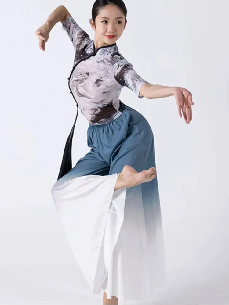 

Элегантный топ с воротником-стойкой тай-дай и широкие брюки с градиентом для женщин, одежда для классических танцев на сцене