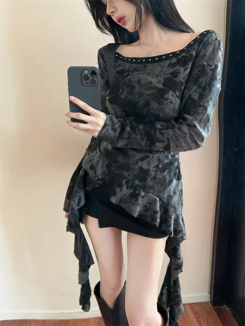 Fashion Women T-shirt Slim Long Seeve Irregular Ruffled Tops Spring Autumn Printed Shirt