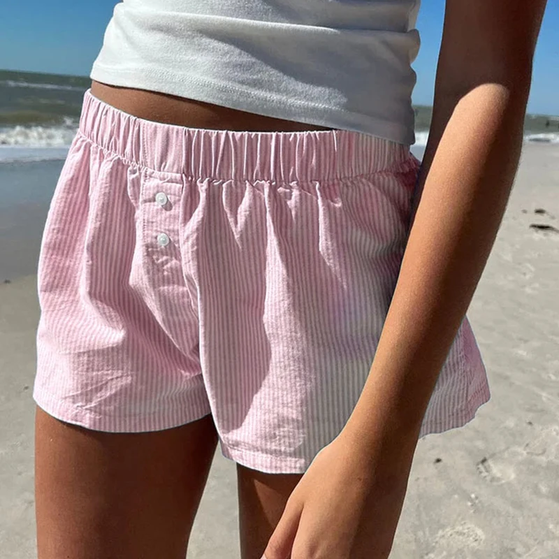 BIIKPIIK Striped Casual Shorts All-match Buttons Elastic Waist Women Mini Shorts Loungewear Knickers Summer Beach Party Outfits