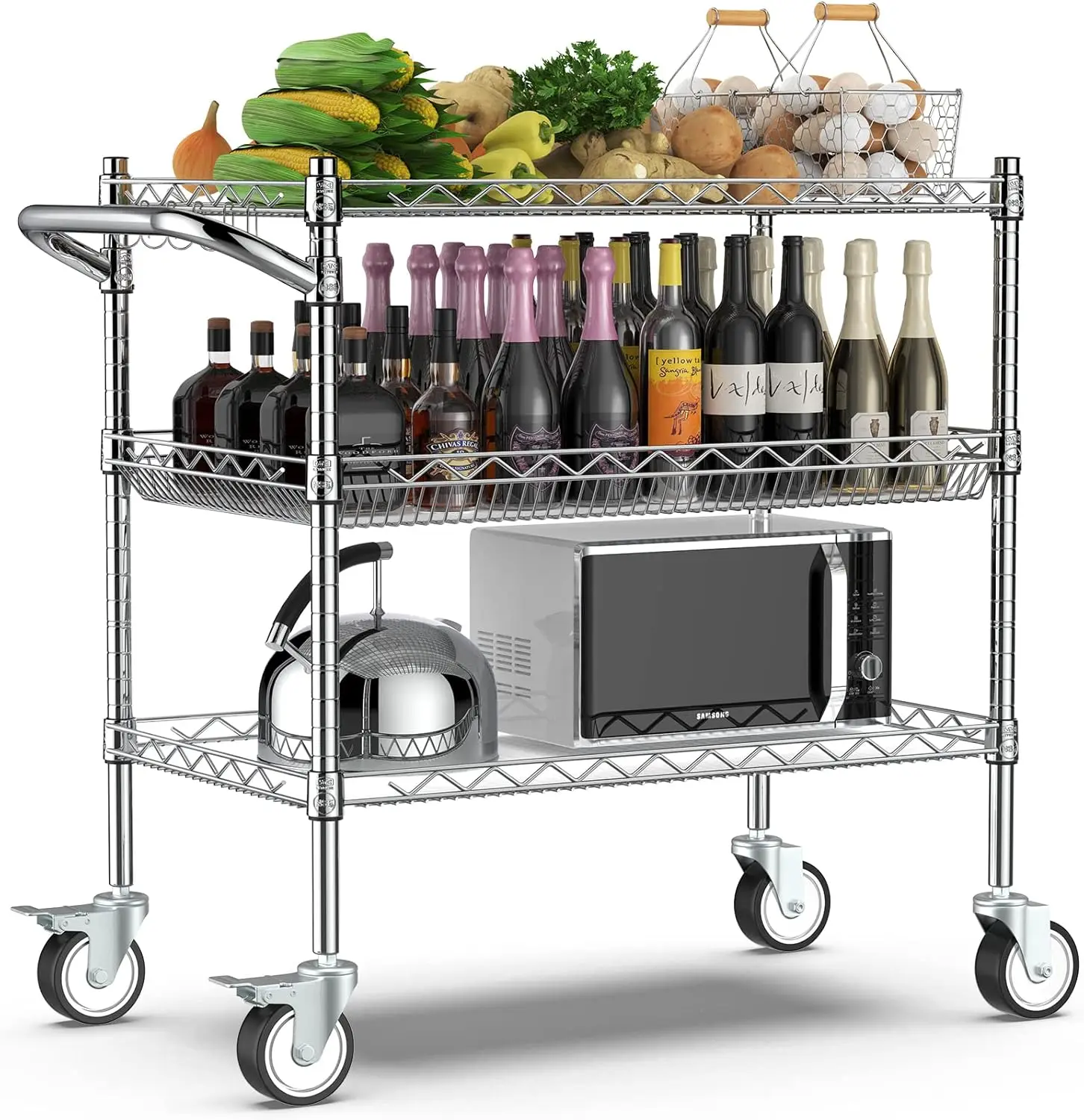 3 Tier Rolling Carts with Wheels,990Lbs Heavy Duty Rolling Utility Cart,NSF Commercial Grade Metal Cart with Handle&Shelf Liner,