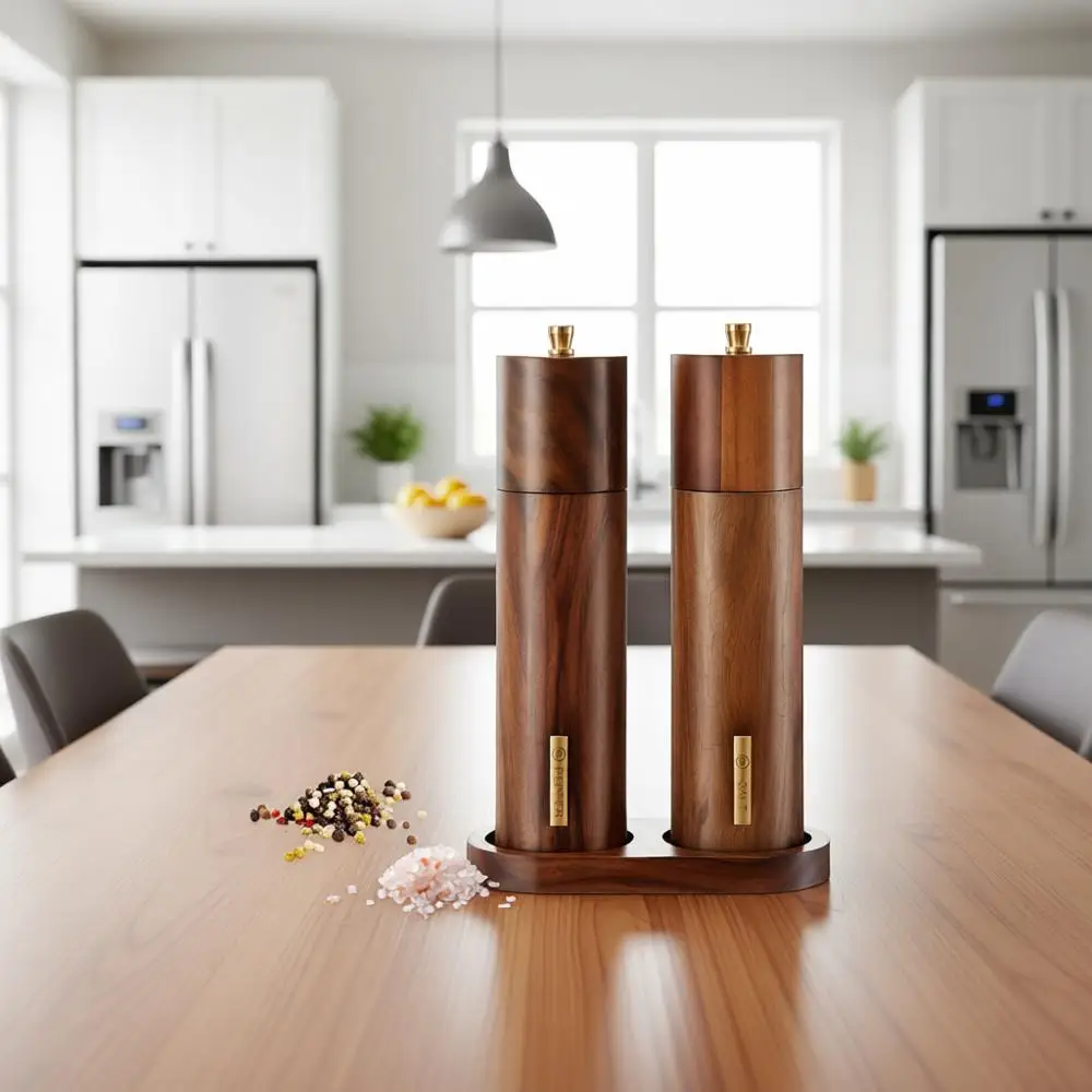 

Wooden Salt and Pepper Grinder Set with Tray & Gift Box 8 Inch Manual Adjustable Coarse Ceramic Grinders for Kitchen Christmas H