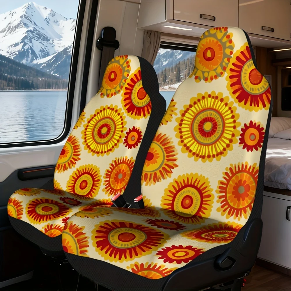 2pcs Universal Car Seat Covers Set, Golden Sunburst Circles Print, Premium Vehicle Seat Covers. Stylish Design Fits Daily School