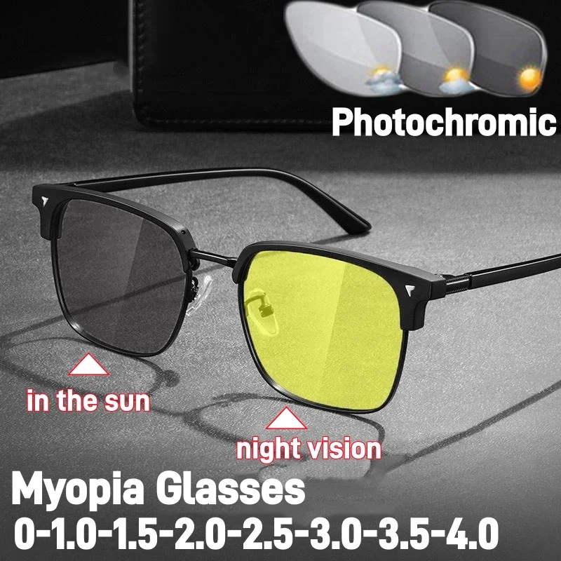

Men Business Photochromic Myopia Glasses Luxury Designer Anti Blue Light Color Changing Night Vision Near Sight Eyeglasses -4.0