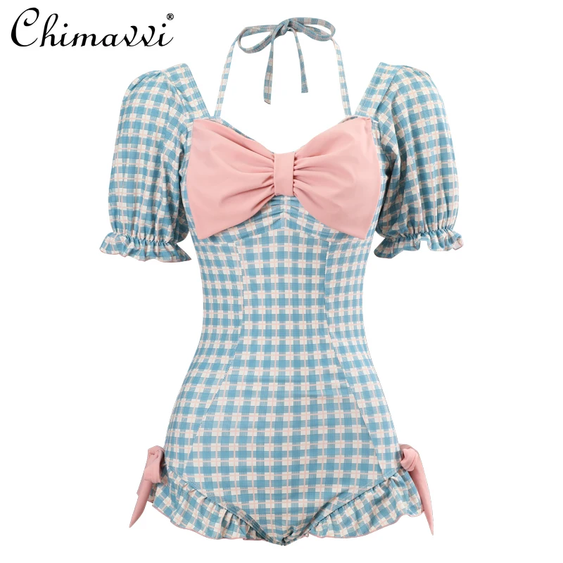ลายสก๊อตสีฟ้าชุดว่ายน้ําผู้หญิงเสื้อผ้าฤดูร้อนใหม่ญี่ปุ่นน่ารักสาว One-piece Hot Spring ว่ายน้ําสาวหวานชุดว่ายน้ําเซ็กซี่