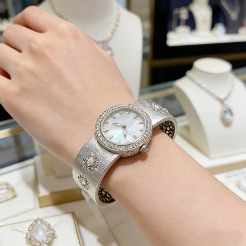 Cameo Heavy Workmanship 925 Silver Open Watch Diamonds Carving Women's Design Italian Wire drawing Personality Quartz Watch