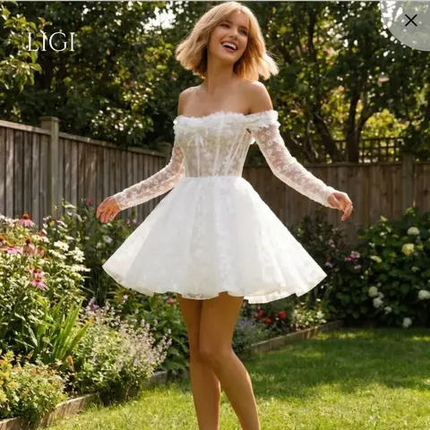 LIGI Off Shoulder Short Wedding Dress Long Sleeve Lace A-Line Mini Bridal Gown Boho Bride Reception Vestidos De Novia Customized