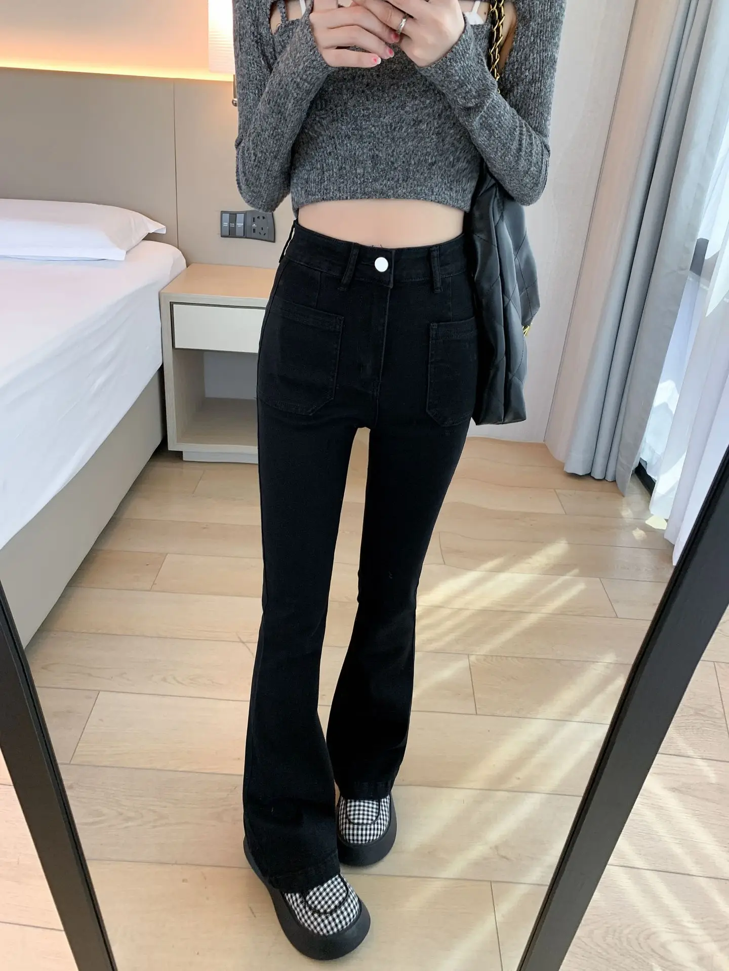 Damskie jeansy micro-flare 2025 nowy styl - stylowe spodnie z wysokim stanem, dopasowane, typu horseshoe dla niskich postaci, high-street i INS T