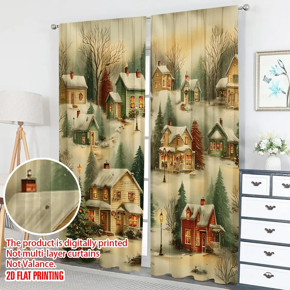 2 قطعة 2D الطباعة المسطحة عيد الميلاد ستائر الحفلات دافئ عيد الميلاد قرية الشتاء مشهد الرقمية المطبوعة البوليستر الستائر احتفالية #5