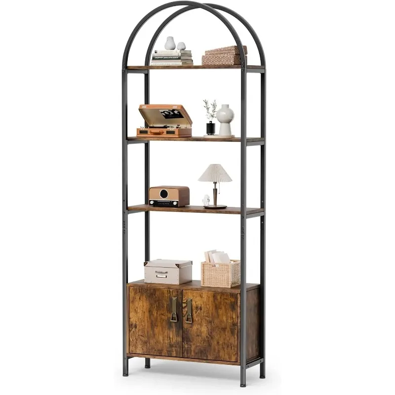 

Arched Display Cabinet, Bookcase with Doors Storage, Wood 70’’ Tall with Sturdy Metal Frame,5 Tier Bookshelf, Stylish for