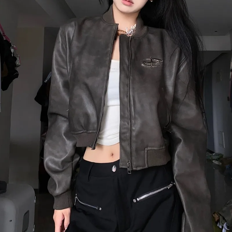 Vintage Streetwear Leather Jacket Motorcycle Jacket Women PU Leather Coat Zipper Short Tops Y2k Clothing Long Sleeve Outerwear