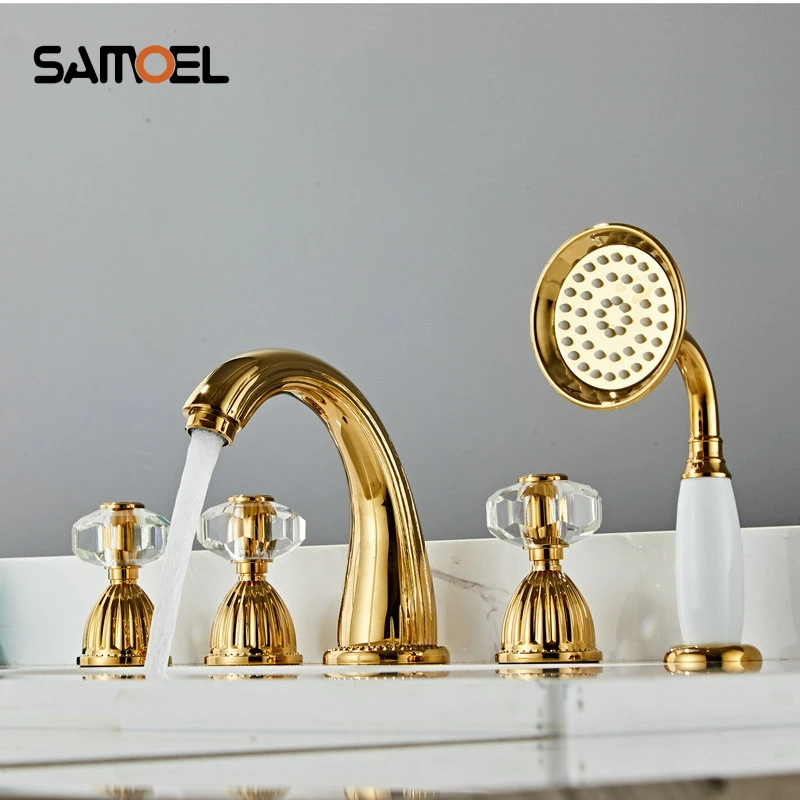 

Deck Mount Bathtub Faucet Set with Handheld Shower Tub Faucet Hot and Cold Water Mixer Bath Faucet Gold Bathtub Tap BF1044