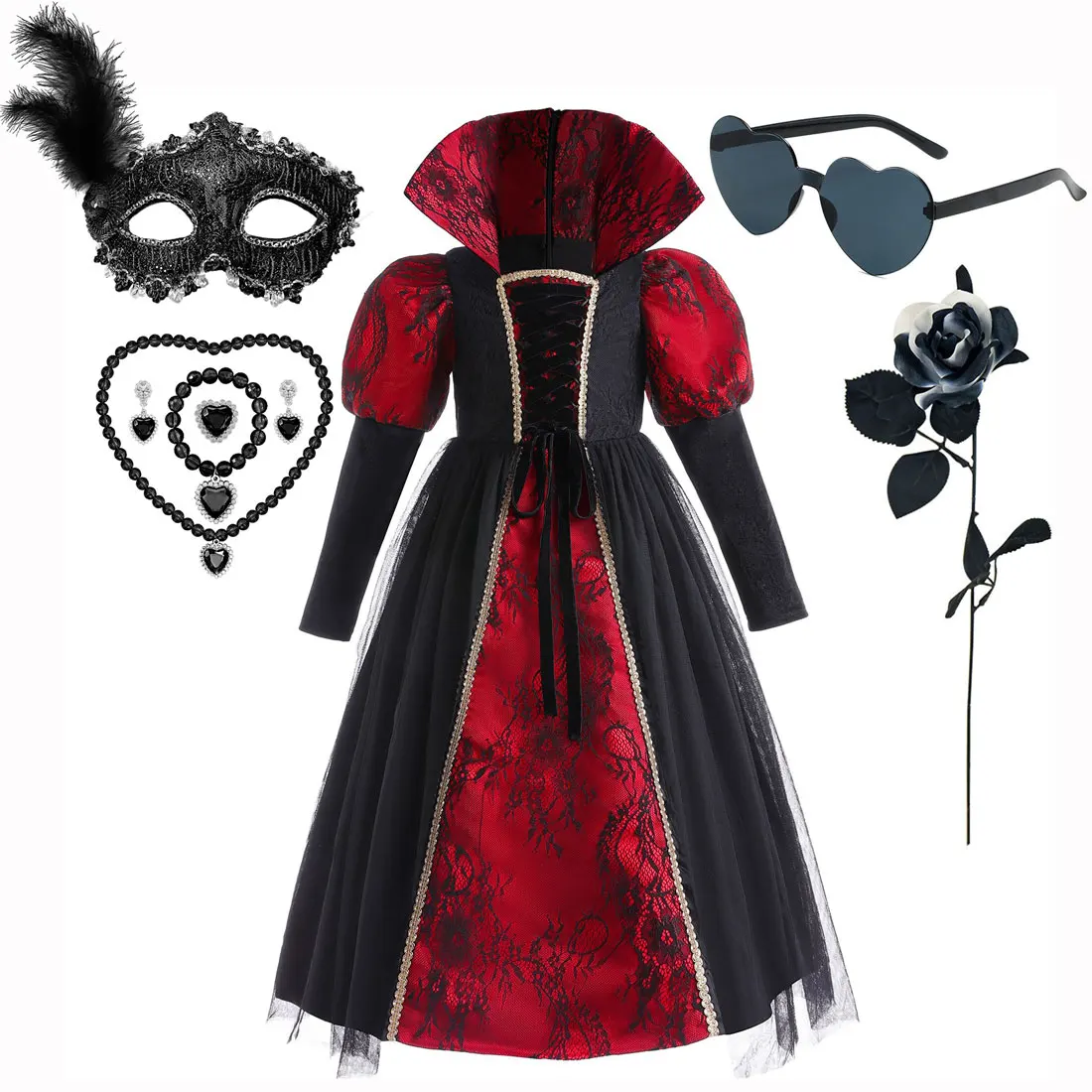 

Halloween Luxury Vampire Gothic Demon Long Dress Girls Evil Queen Vampire Carnival Party Cosplay Clothes Disguise Costume Set