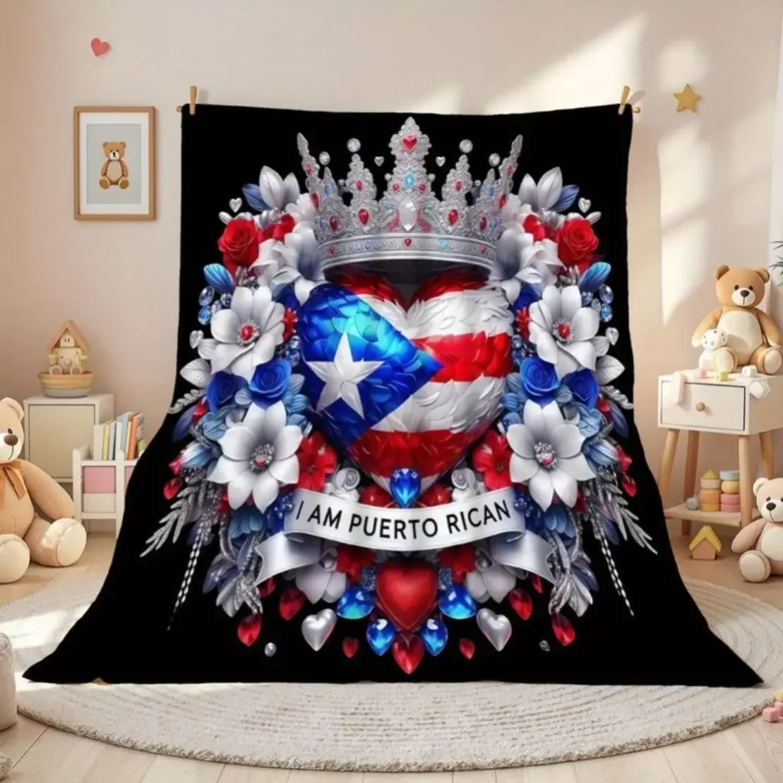 Customize Crown Floral Puerto Rico Flag Flannel Blanket - Ultra Soft, Non-Shedding, Machine Washable, Suitable for Living Room,