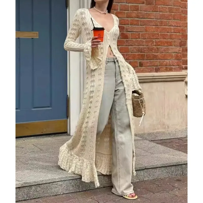 Deep V Neck Long Cover Up Dress Women Sexy Hollow Elegant Long Cardigan Dresses Autumn Winter Street Casual Knit Dress