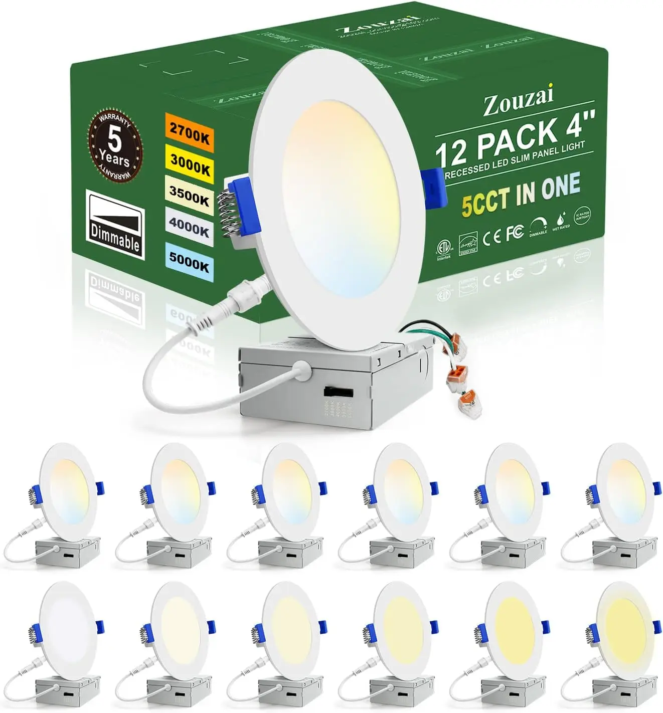 12 Pack 4 Inch 5CCT Ultra-Thin LED Recessed Ceiling Light with Junction Box, 2700K/3000K/3500K/4000K/5000K Selectable