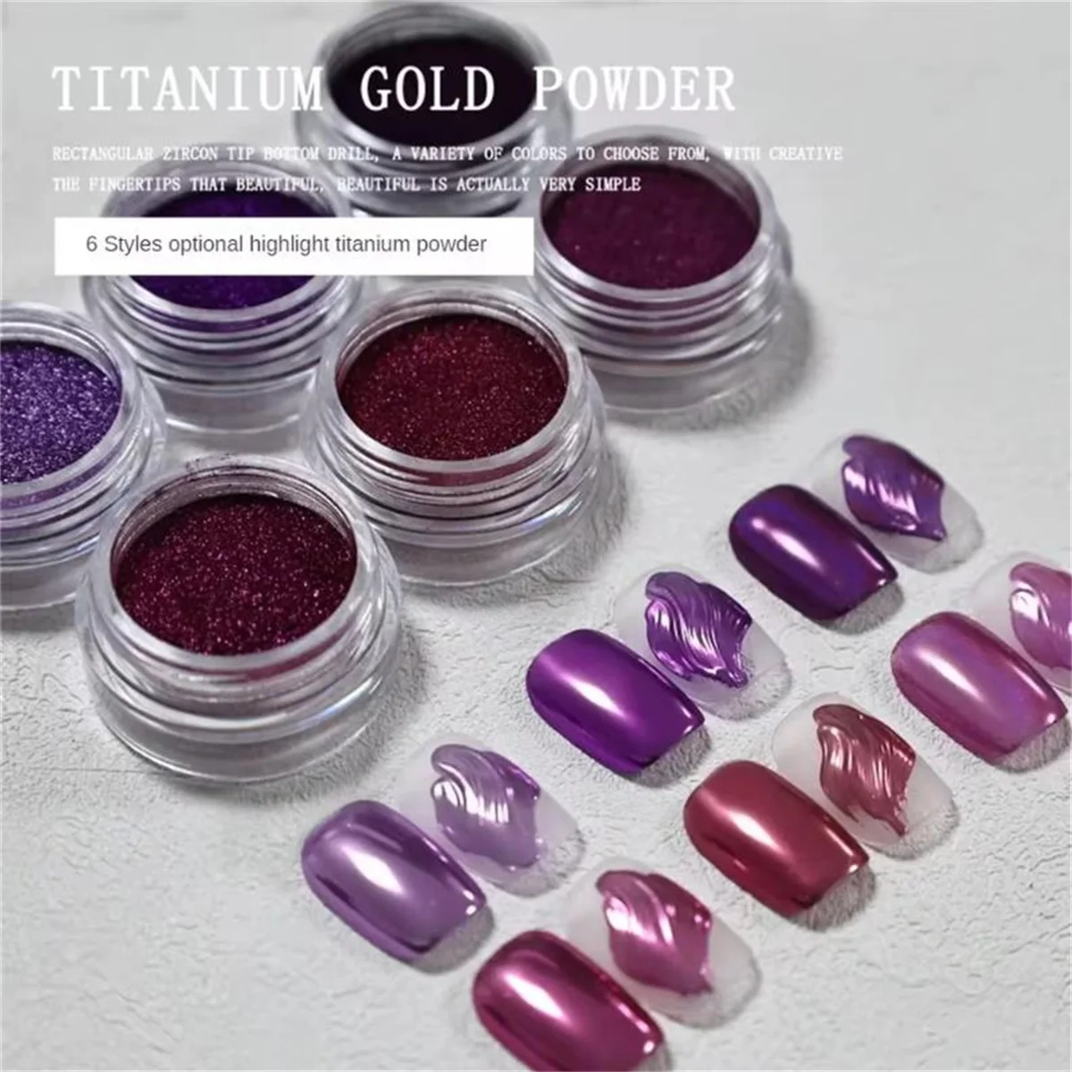 مجموعة واحدة مكونة من 6 ألوان مسحوق أظافر مرآة سحرية من التيتانيوم مسحوق ذهبي وردي أرجواني تيتانيوم عالي اللمعان مسحوق لامع مطلي بالكهرباء المعدنية