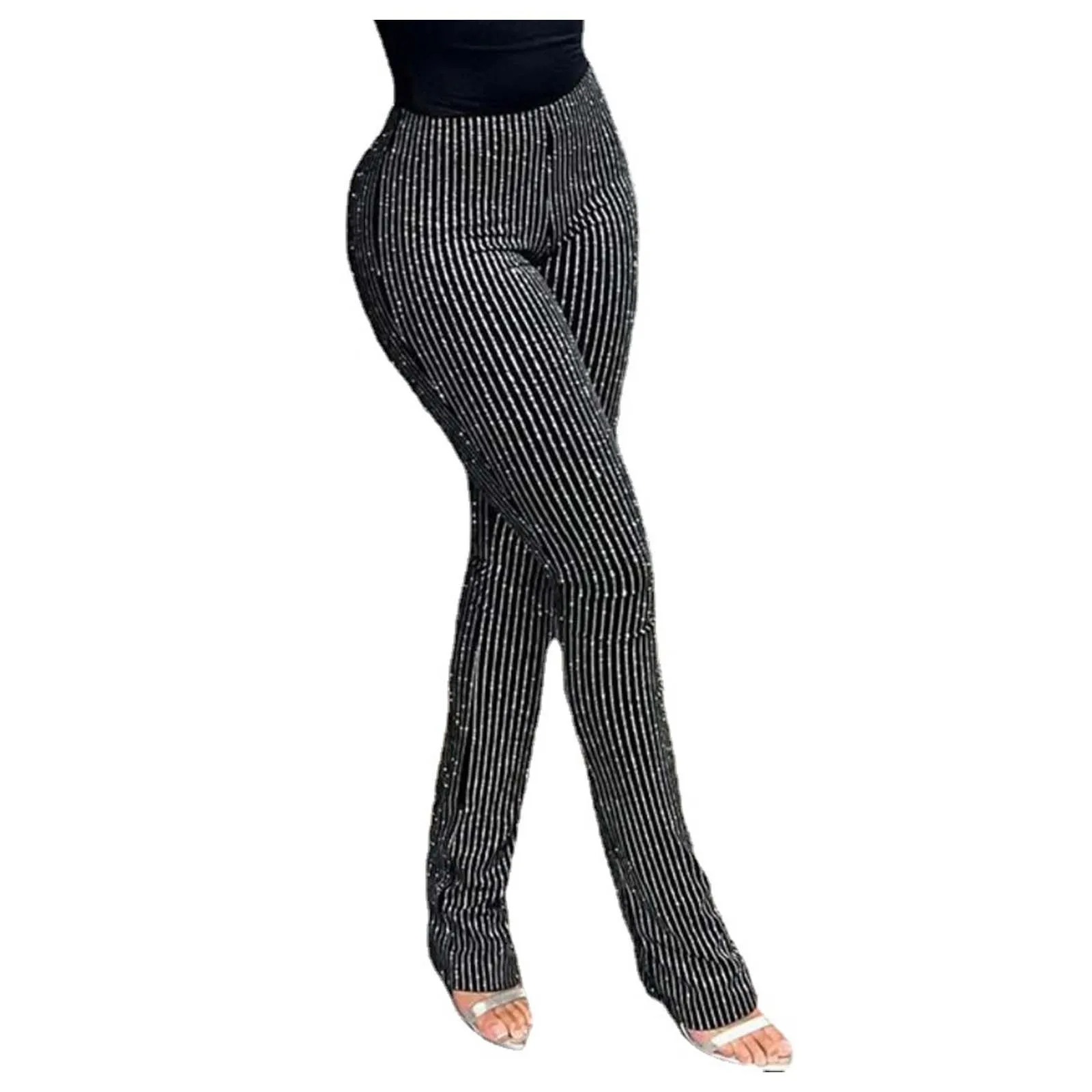 Sexy Black Striped Leggings For Women Luxury High Waist Curvy Glitter Rhinestone Bling Birthday Party Christmas Stage Pants