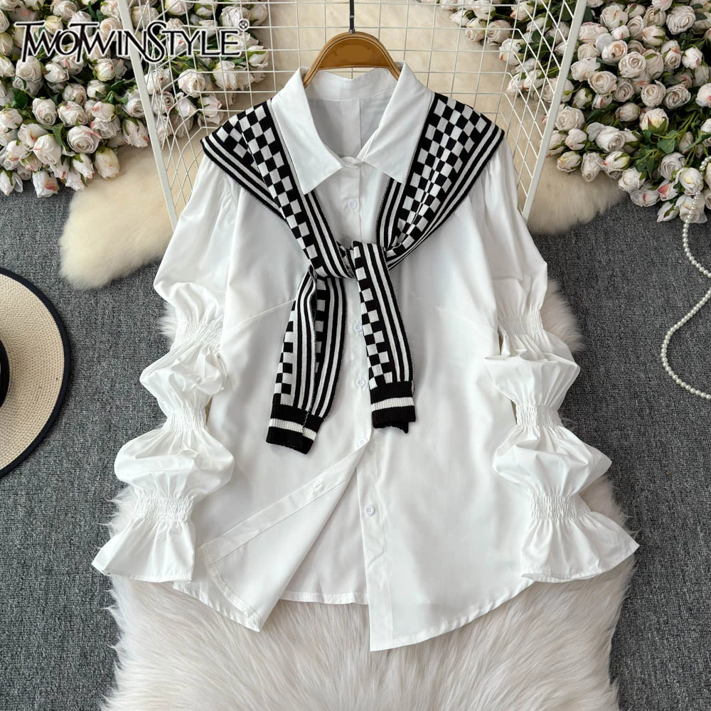 

TWOTWINSTYLE Patchwork Knitted Chic Shirts For Women Lapel Lantern Sleeve Spliced Single Breasted Casual Blouse Female KBL517682