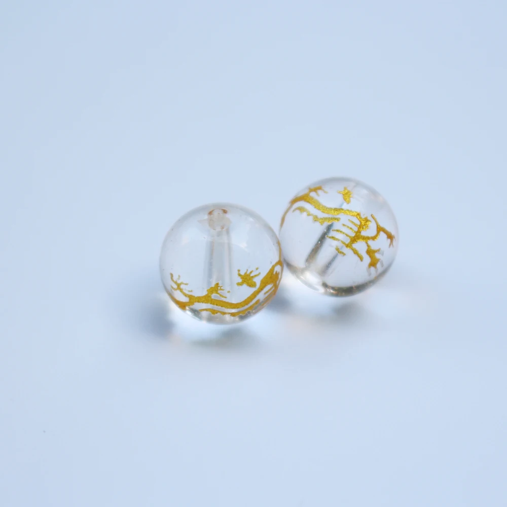 10Pcs 8mm 10mm 12mm Glass Beads Clear Color with Carving Gold Dragon  Fashion Bead For Jewelry Wholesale and Retail DIY Supplies