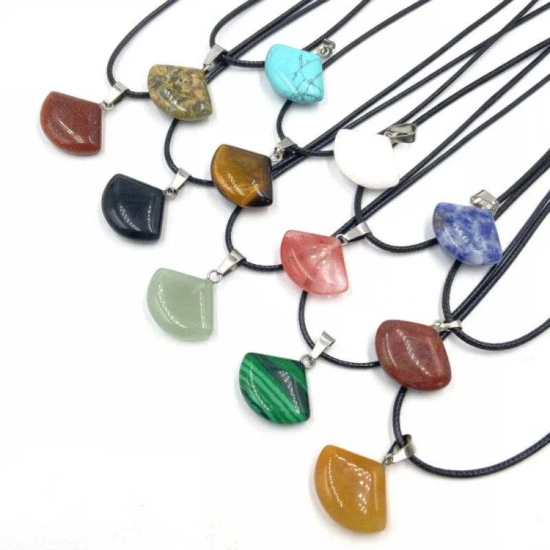 

Crystal Jade Pendant Fan Shaped Necklace Semi Precious Stones Jewelry for Men and Women Stainless Steel Leather Clavicle Chain