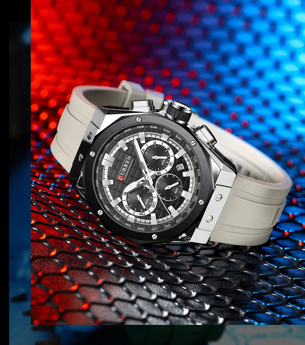 CURREN Luxusmarke Hochwertige Chronograph-Leuchtuhren für Herren mit Silikonarmband, Lässige Sportliche Wasserdichte Quarz-Armbanduhr – Detail 19