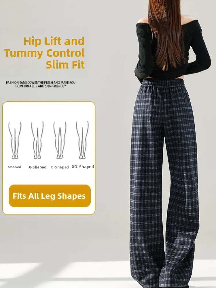 กางเกงขายาวลายสก็อตทรงหลวมเอวสูงสำหรับผู้หญิง ทรงตรง สไตล์ลำลอง สีน้ำเงิน เหมาะสำหรับใส่เดินเล่นในฤดูใบไม้ผลิและฤดูใบไม้ร่วง