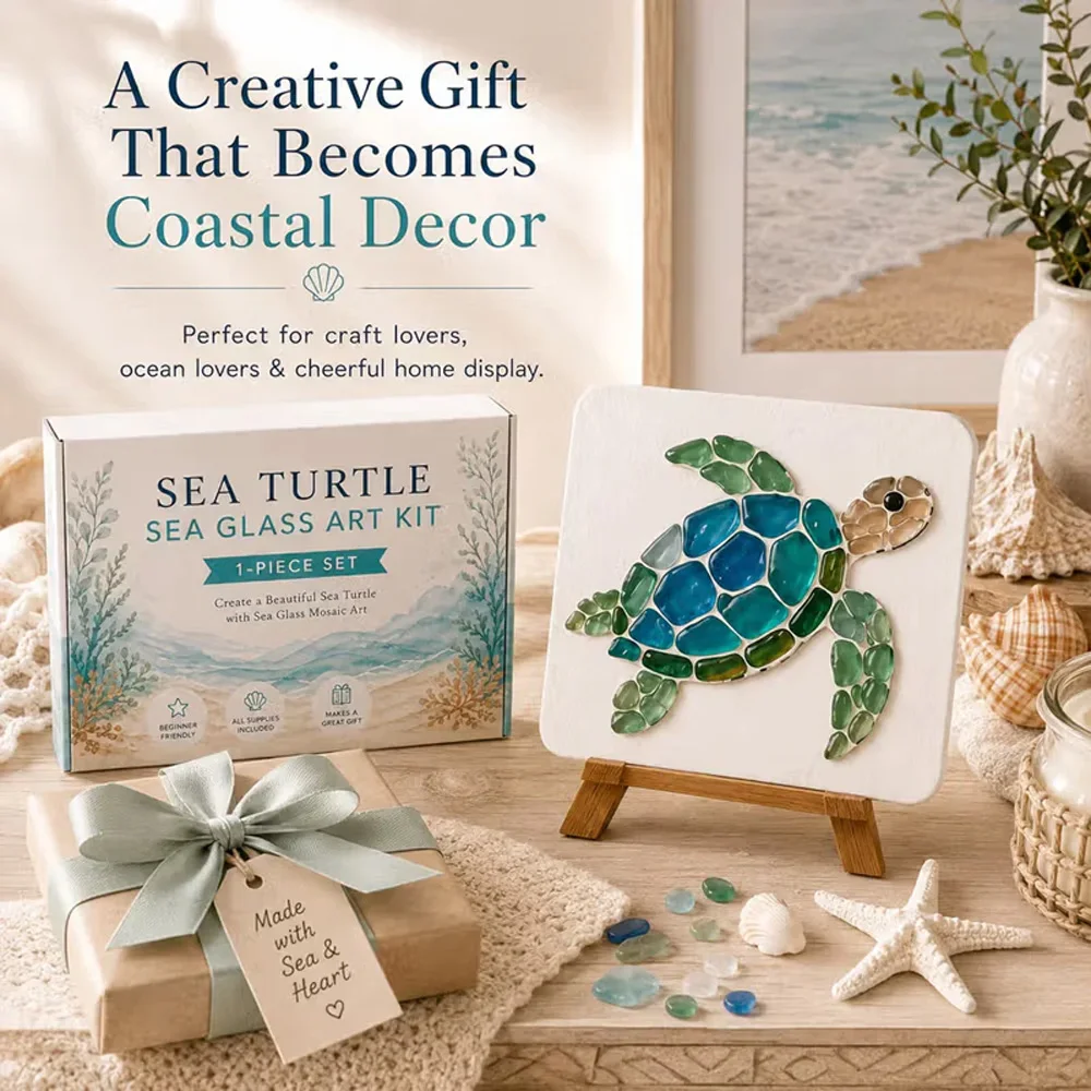 DIY Sea Glass Mosaic Art Kit, Ocean Theme Craft Set with Colorful Sea Glass Pieces, Coastal Home Decor Handmade Art Gift