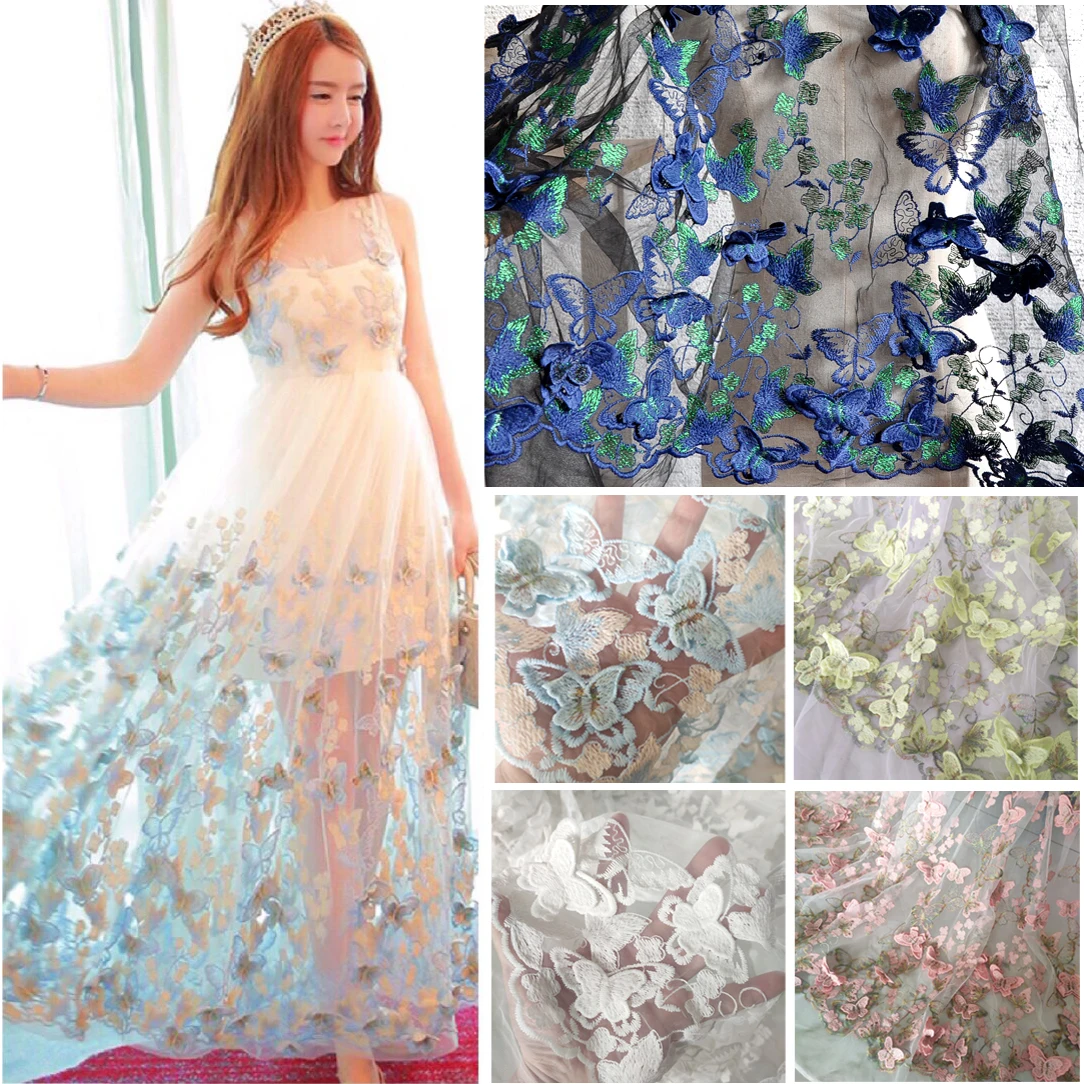 Multicolor 3D Butterfly Embroidery Lace Fabric Color Thread Mesh Embroidery Butterfly Dress Skirt Hem Fabric