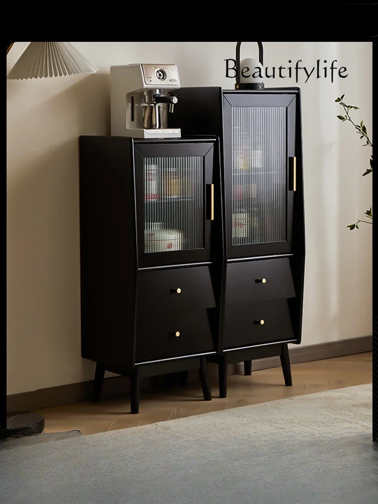 Solid Wood Sideboard Cabinet Modern Minimalist High and Low Cabinet Wine Cabinet Black Light Luxury Locker