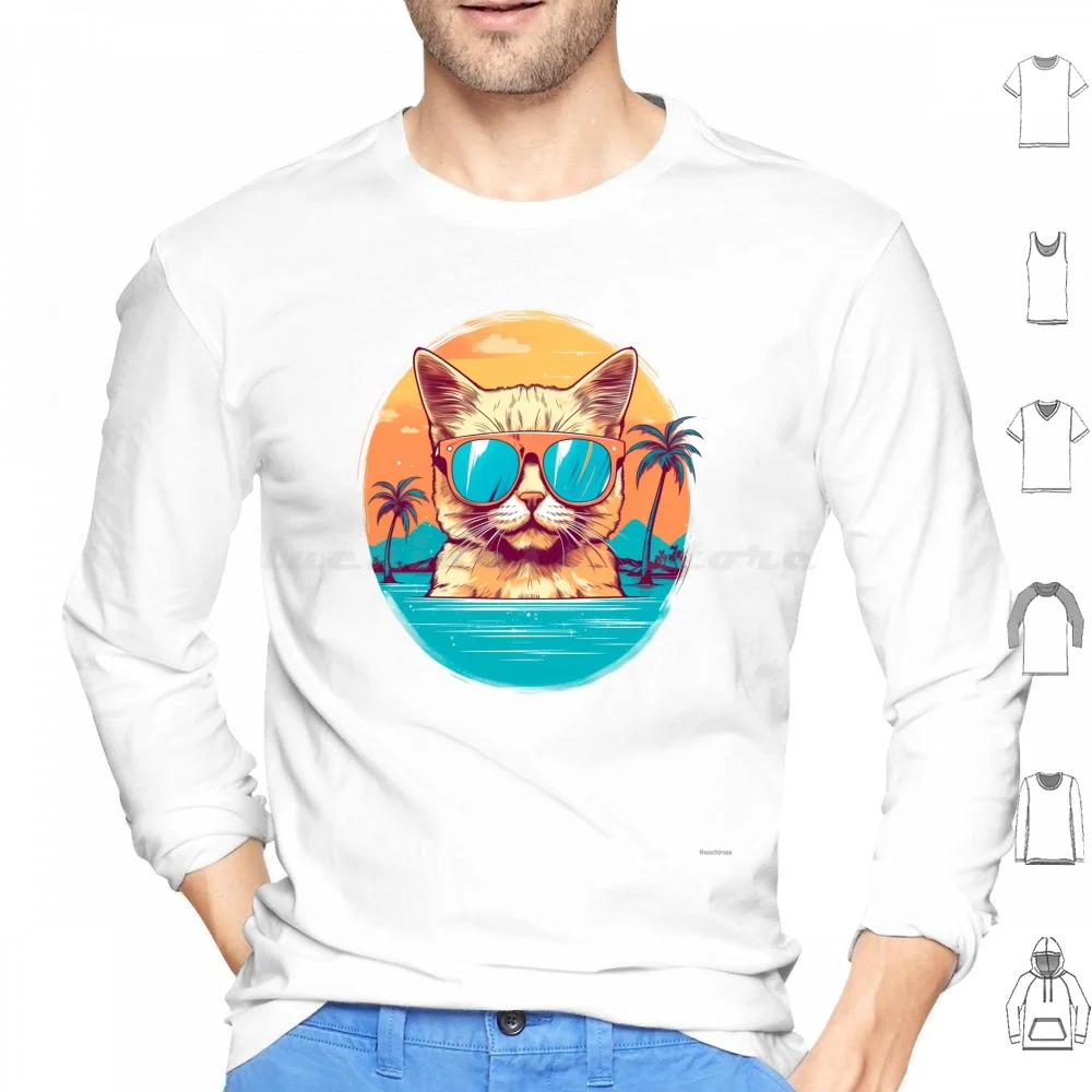 Cat Sunset Hoodie cotton Long Sleeve Cat Beach Sunglasses Summer Sunset Sun Holidays The Angels Kitty Kitten