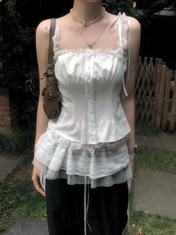 

Корейские шикарные майки, женская одежда, туника без рукавов, футболки со складками, лоскутные кружевные майки с оборками, бандажный летний жилет, милые укороченные топы