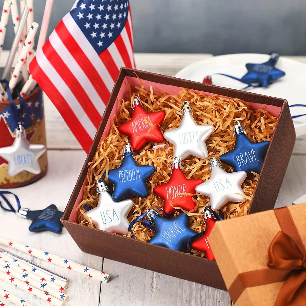 6Pcs Small Patriotic Stars US Independence Day Hanging Ornaments Labor Day Printed Decorations for Indoor Outdoor Party Supplies