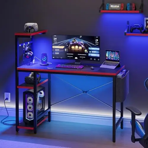 

Gaming Desk with Power Outlets, 44 Inch Led Gamer Desk with 4 Tiers Reversible Shelves, PC Gaming Table with Headset Hook & Side