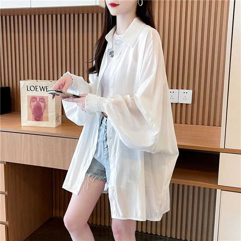 

plus Size Women's irt Spring Summer Thin Sun Protection Outerwear Pure Color Long Sve Flipped Collar Button Detail