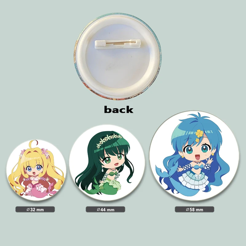 32/44/58mm Mermaid Melody Pichi Pin bros buatan tangan untuk pakaian kartun Cosplay lencana ransel Dekorasi hadiah perhiasan