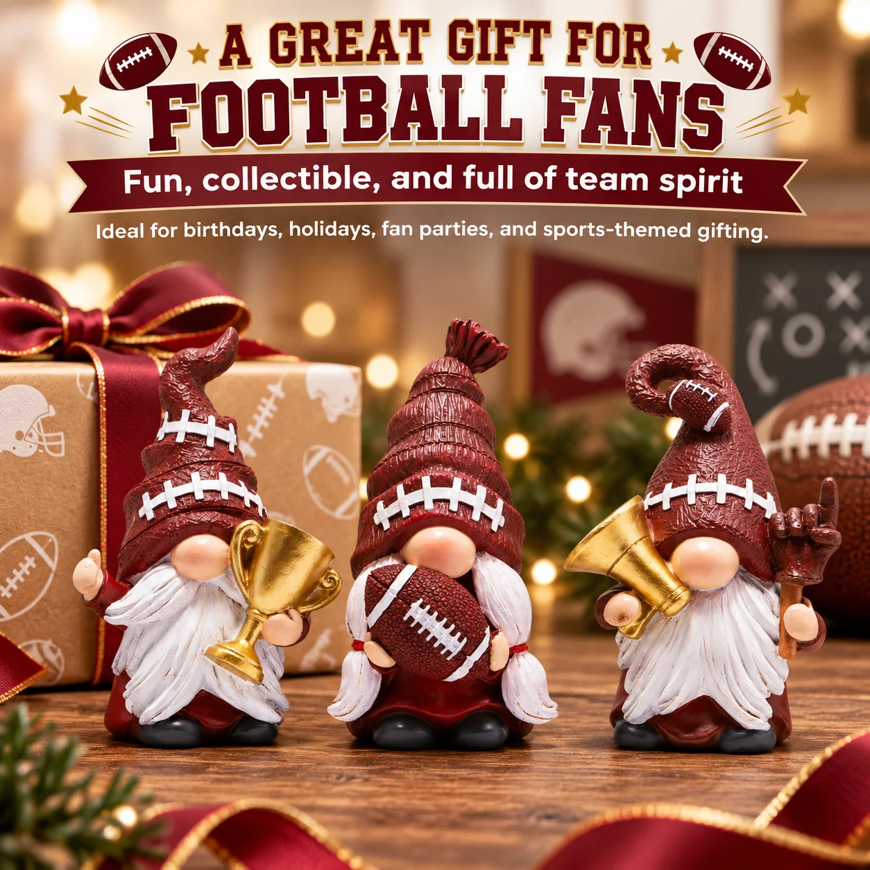 Hodao Resin American Football Gnome Figurine Set 3Pcs Sports Fan Decor Trophy Ball Megaphone Game Day Tabletop Home Office Gift