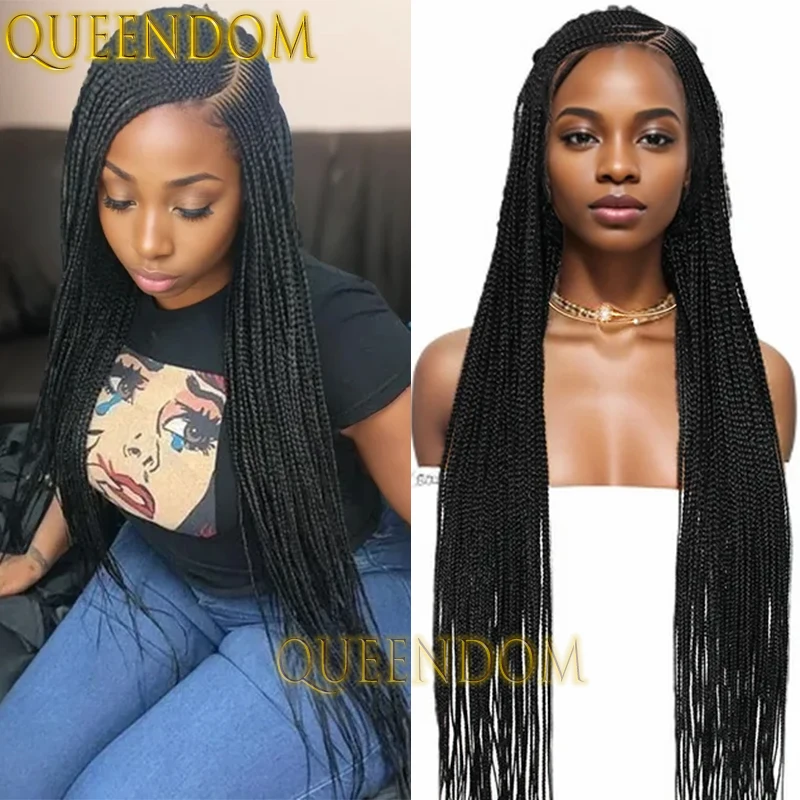 

Queendom Synthetic 36 Inch Full Lace Wig Cornrow Crochet Lace Front Side Part Braided Wig Natural Knotless Box Braid Goddess Wig