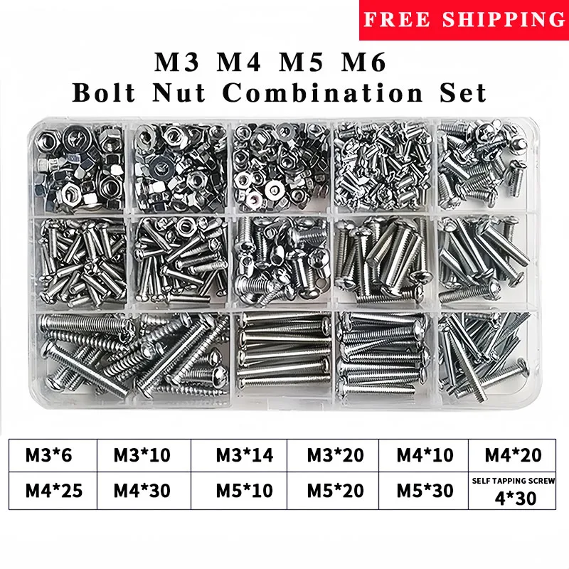 

M3 M4 M5 M6 Bolt Nut Combination Set Round Head Phillips Screw Nut Gasket Machine Wire Nail Bolt Screw Self Tapping Screw Set