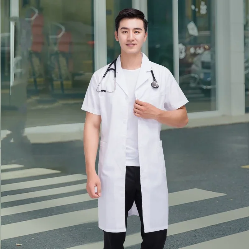 Bata de laboratorio de manga corta para hombre, vestido de médico y enfermera, uniformes médicos de manga larga, chaqueta blanca con cinturón ajustable