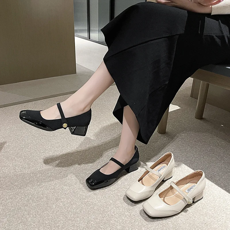 2024 메리 제인 버클 여성 신발, 두꺼운 굽 펌프스, 우아한 얕은 스퀘어 토, 여성 신발 패션, 야외 싱글 슈즈, 신상