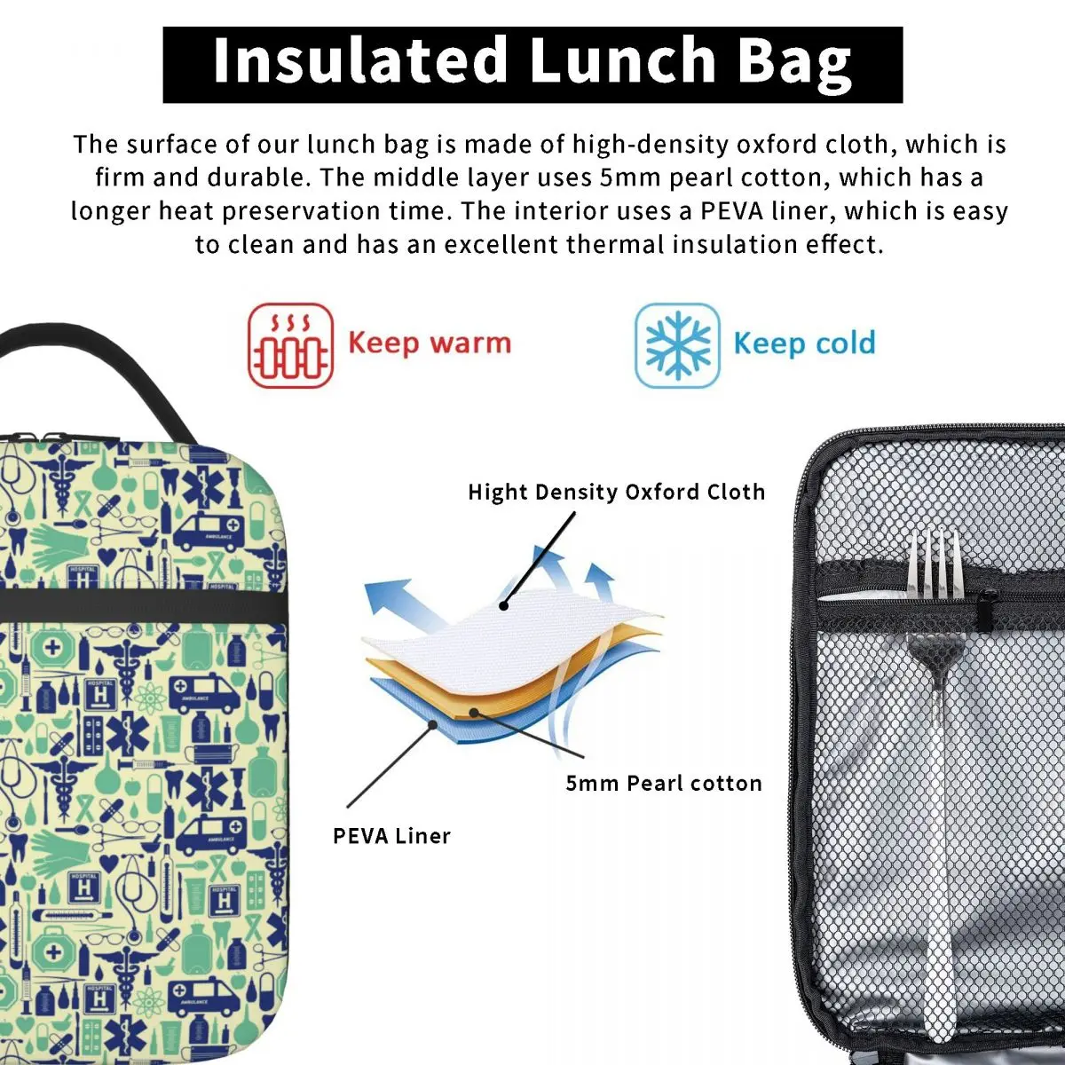 Medical Seamless Pattern Insulated Lunch Bag Cooler Bag Lunch Container Portable Tote Lunch Box Food Storage Bags Work Picnic