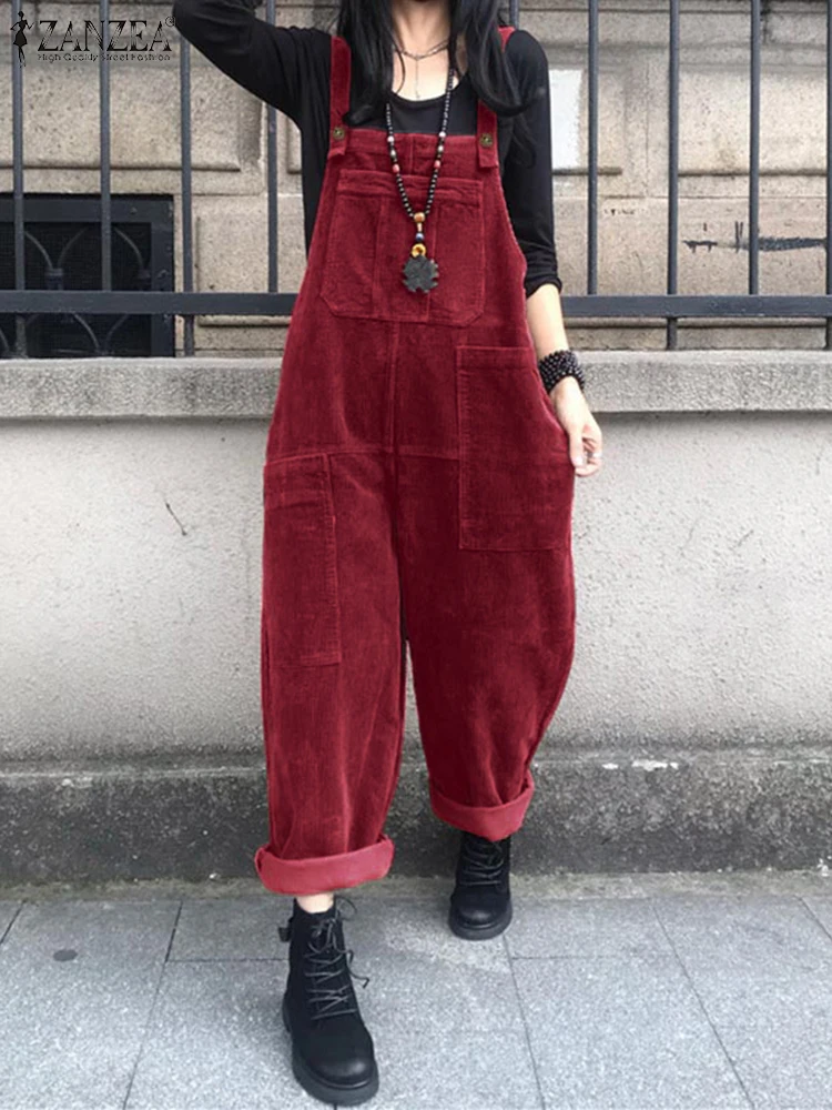 Fashion Corduroy Rompers ZANZEA 2024 Vintage Women Overalls Autumn Spaghetti Strap Solid Jumpsuits Casual Loose Dungarees