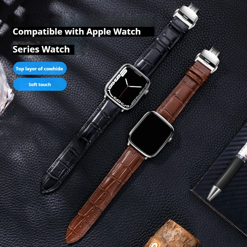 

Мужские ремешки из тисненой кожи для Apple Watch 8 7 6 SE 5 4, пряжка-бабочка 45 мм, 44 мм, 42 мм, 41 мм, 40 мм, 38 мм, деловой ремешок для часов