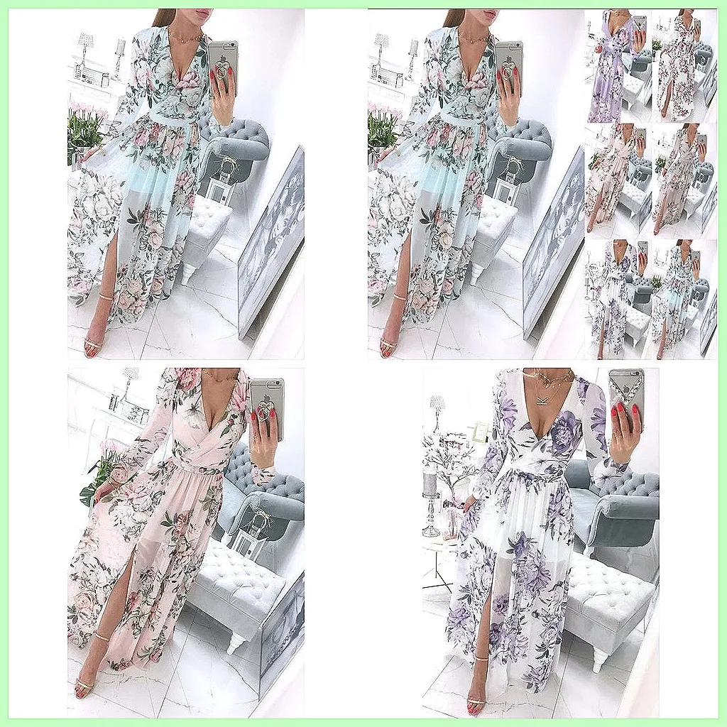 

New Summer Bohemian Printed Chiffon Dress with V-Neck, Long Sleeves & Full Skirt